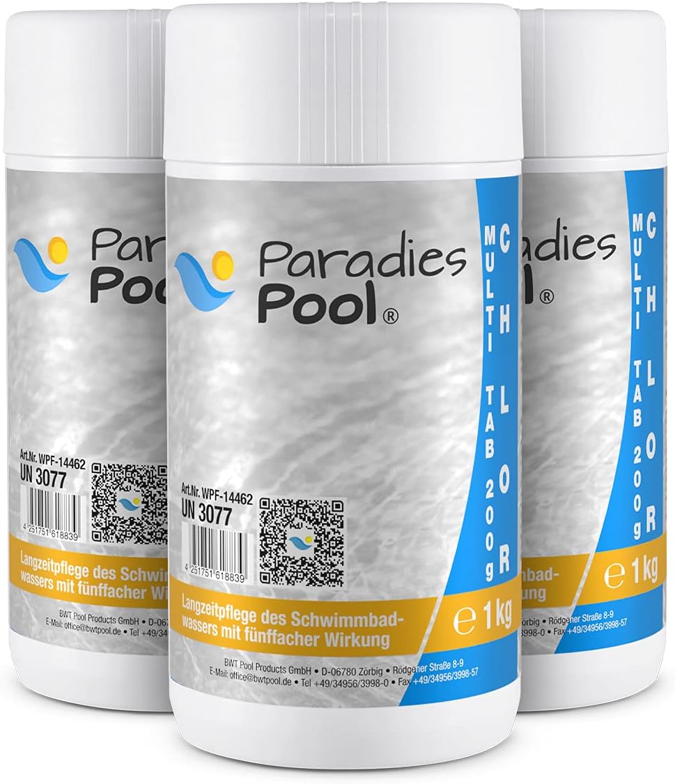 3kg Paradies Pool 4 in 1 Multi Tabs 200 g Tabletten - Chlor, Algenschutz, Flockungsmittel, pH Stabilisator