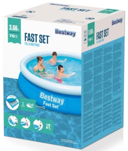 Verkaufsverpackung des Bestway Fast Set™ Pool, 366 x 76 cm, ohne Pumpe, rund, blau