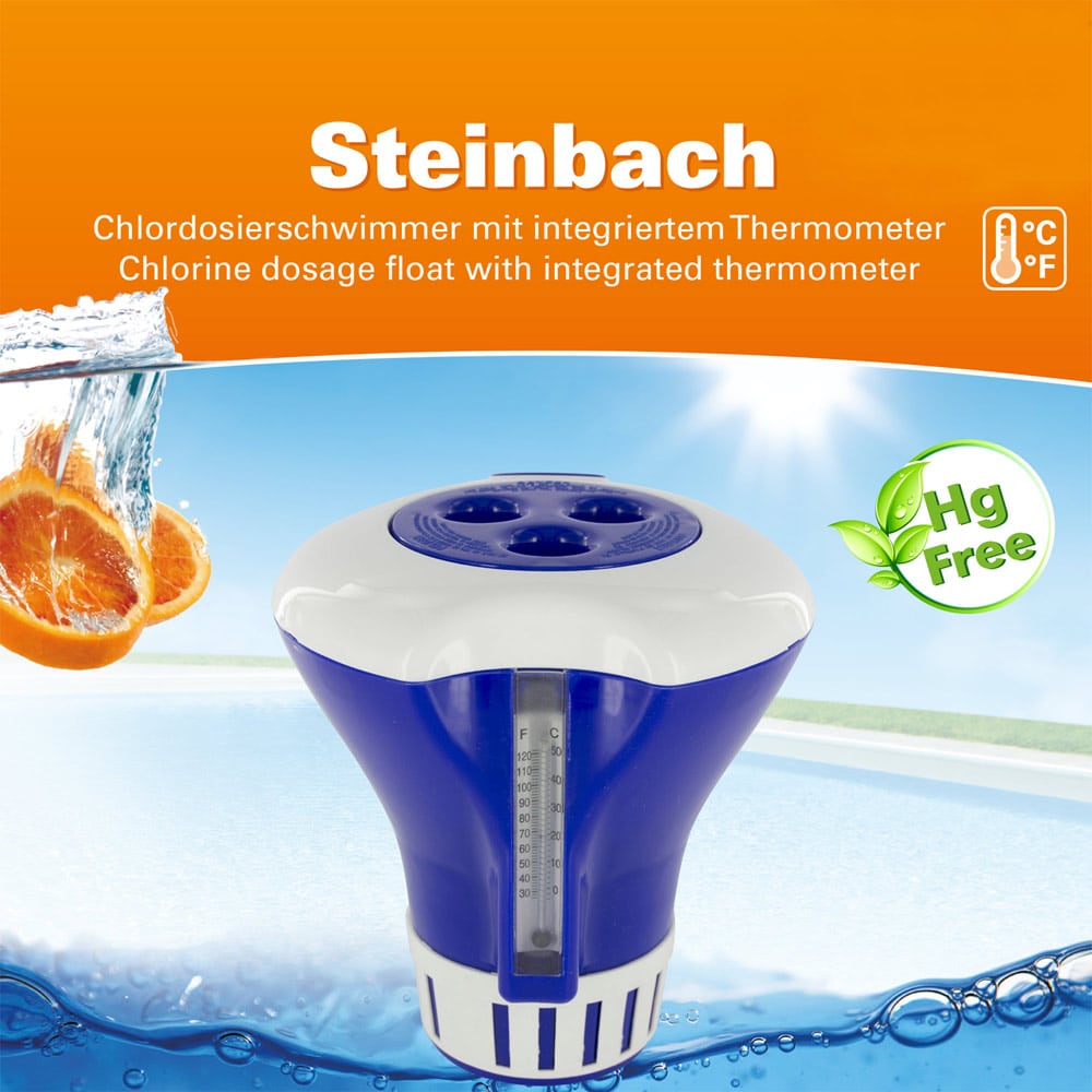 Verkaufsverpackung des Dosierschwimmer für Pool Steinbach 79070 mit Thermometer