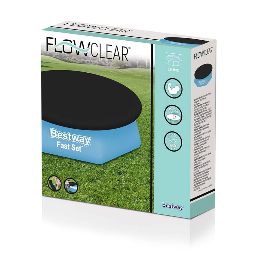 Verkaufsverpackung der Flowclear™ PVC-Abdeckplane, Ø 240 cm, für Fast Set™ Pools mit Ø 244 cm, schwarz