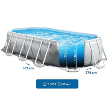 Offener Pool zeigt die Füllmenge und Dimensionen des Intex Oval Pool 26796 Prism 503x274x122 cm Set inkl. Pumpe
