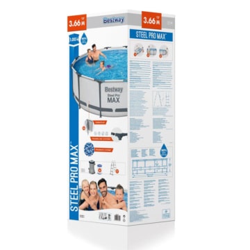 Verkaufsverpackung des Steel Pro MAX™ Frame Pool, 366 x 100 cm , Komplett-Set mit Filterpumpe, rund, weiß