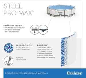 Folienbeschaffenheit unf Rahmen des Steel Pro MAX™ Frame Pool, 366 x 122 cm, Komplett-Set mit Filterpumpe rund, weiß