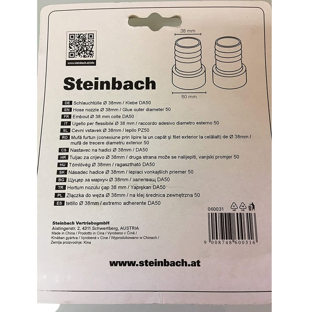 Rückseite Verkaufsverpackung des Steinbach Schlauchtülle Reduzierung Ø 50 auf 38 mm