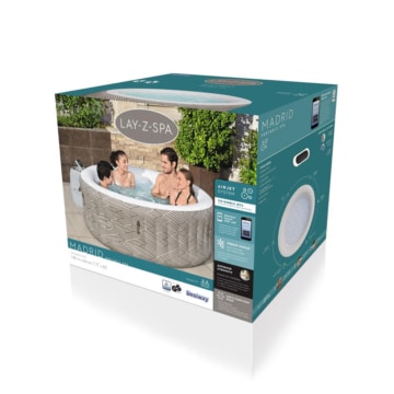Verkaufsverpackung des Bestway® LAY-Z-SPA® WLAN-Whirlpool Madrid AirJet™ Ø 180 x 66 cm, rund