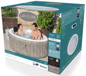 Verkaufsverpackung des Bestway® LAY-Z-SPA® WLAN-Whirlpool Madrid AirJet™ Ø 180 x 66 cm, rund