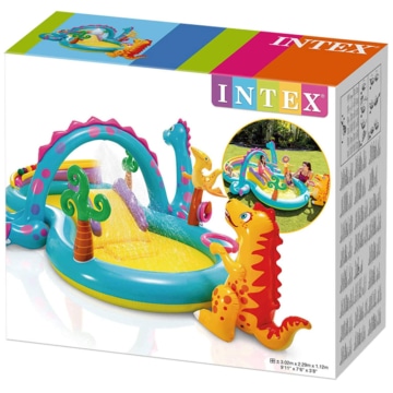 Verkaufsverpackung des Intex Dinoland Play Center Kinder Aufstellpool Planschbecken 333 x 229 x 112 cm