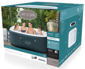 Verkaufsverpackung des LAY-Z-SPA® Ibiza AirJet™ Whirlpool, 180 x 180 x 66 cm, 4-6 Personen, eckig, Petrolblau