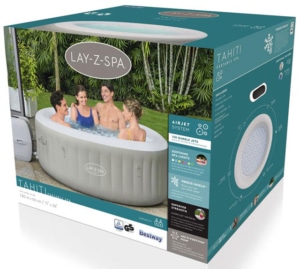 Verkaufsverpackung des LAY-Z-SPA® Tahiti Airjet™ Whirlpool, 180 x 66 cm, 2-4 Personen, rund, hellgrau