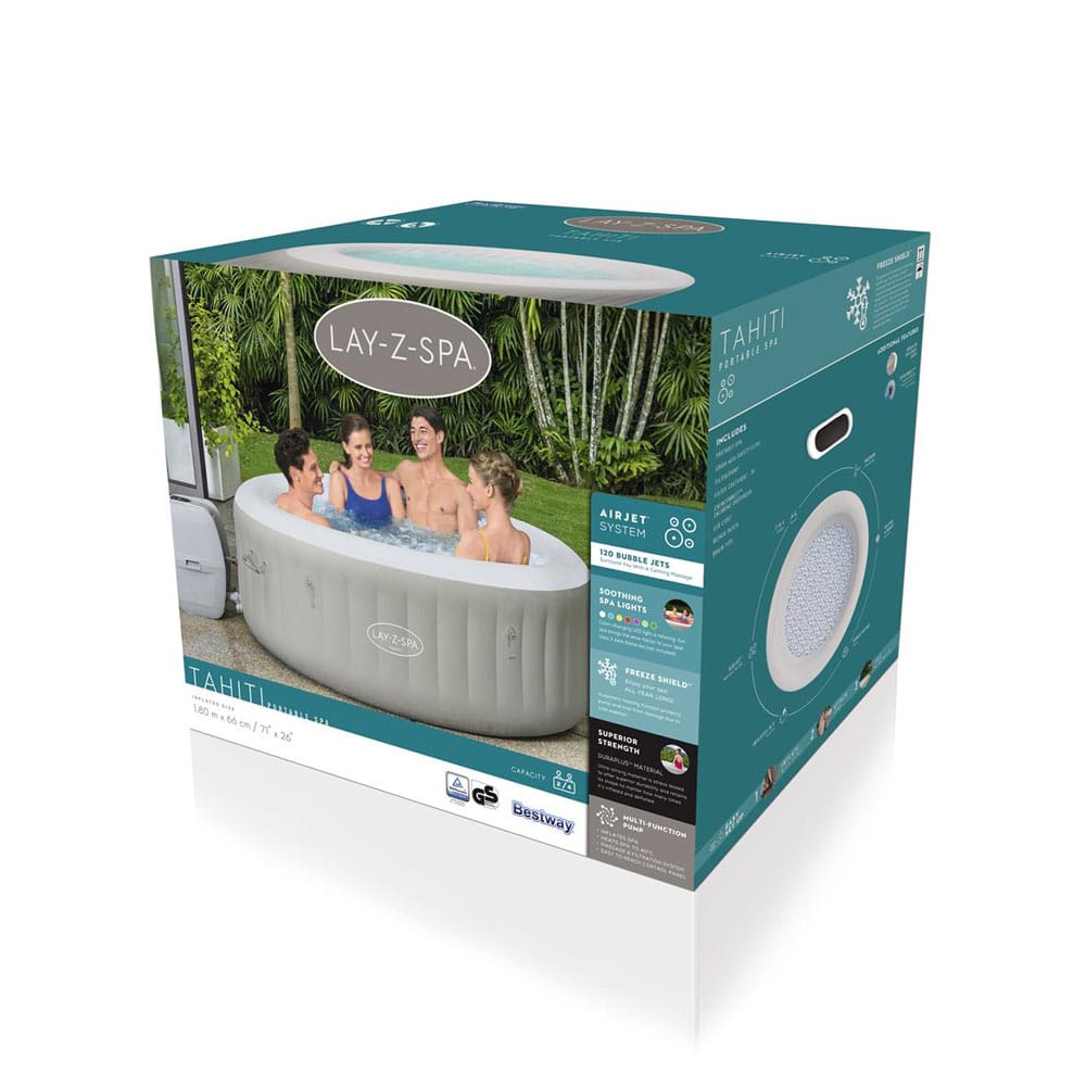 Verkaufsverpackung des LAY-Z-SPA® Tahiti Airjet™ Whirlpool, 180 x 66 cm, 2-4 Personen, rund, hellgrau