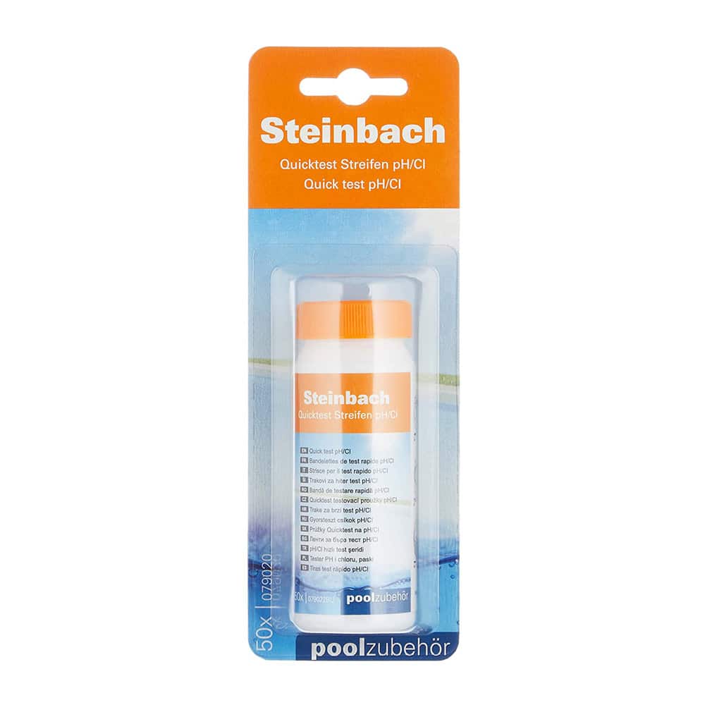 Verkaufsverpackung des Steinbach Quicktest Streifen für pH-Wert und freies Chlor, 50 Stück