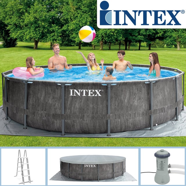 Intex Pool Kompettset mit Leiter, Abdeckplane, Unterlegfolie und Kartuschenpumpe